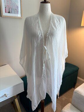 Rachel Zoe White Sheer Kimono Cover Up OS Boho Clip Dot Trim Beach Resort